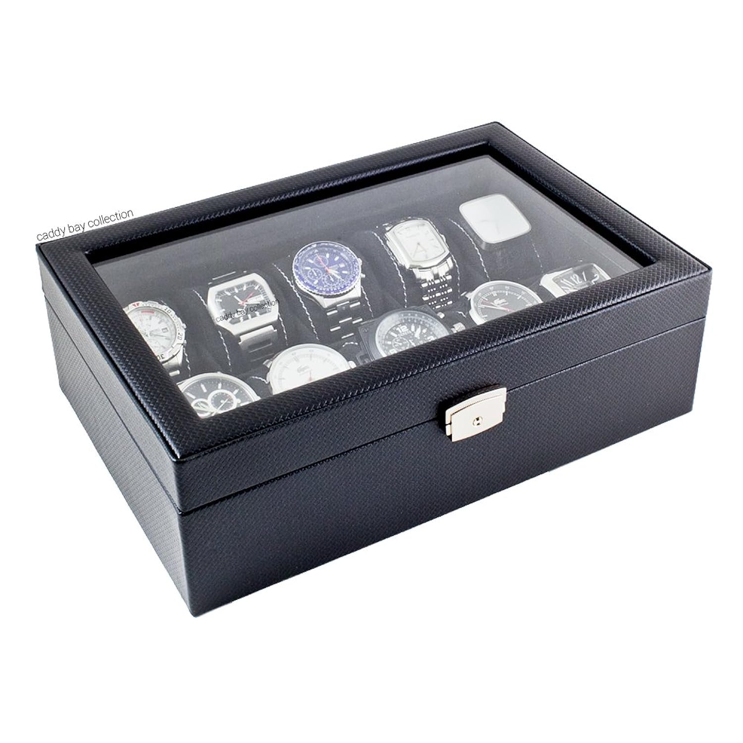 Carbon Fiber Pattern Glass Top Watch Case Display Storage Watch Box Holds 10