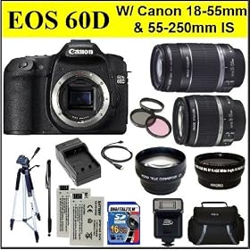 Canon EOS 60D SLR Digital Camera Kit with Canon 18-55mm IS Lens + Canon 55-250mm Is Lens + Wide Angle Macro Lens + 2x Telephoto Lens + 3 Pc Filter KIT + 16GB SDHC Memory Card & Much More!!