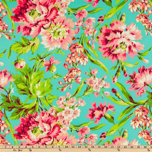 42'' Wide Amy Butler Double-Sided Quilted Love Bliss Bouquet Teal Fabric By The Yard