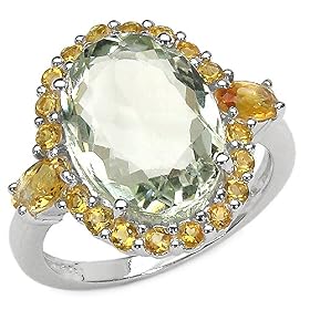 Buy 7.50 Carat Genuine Green Amethyst Oval and Citrine Rounds Sterling Silver Ring by JewelzDirect