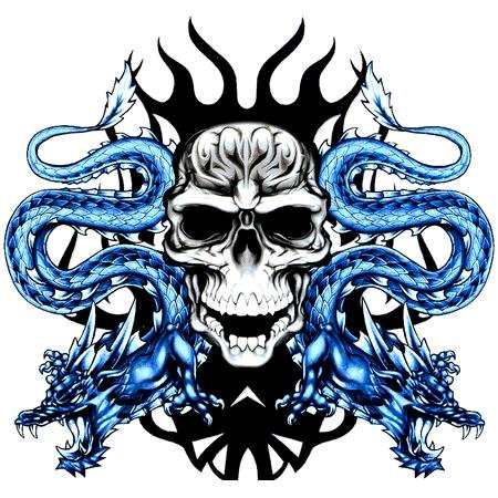 Dual Threat Dragons Tribal Chrome Skull Sticker