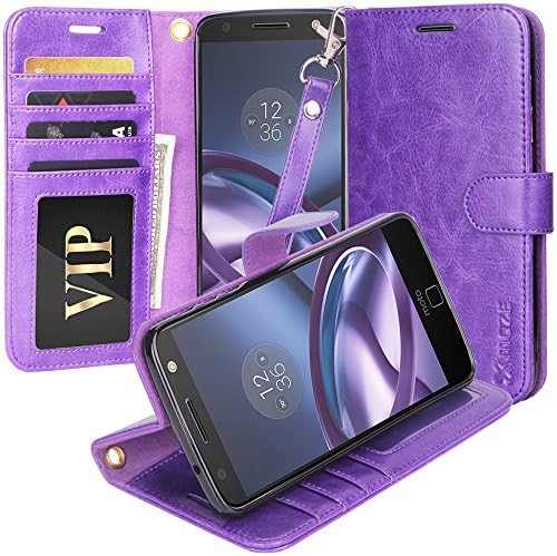 Moto Z Droid Case, Moze Moto Z Droid Wallet Case [4 Card Slots ] [Wrist Strap] [Stand Feature] PU Leather Flip Wallet Case Cover for Moto Z Droid - Purple