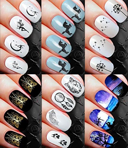 FANTASY NAIL DECALS SET 120 DECALS D93 Nail Art Transfer Decal Wrap for False Acrylic Gel or Natural Nails DANDELION CLOCK & FLOATING SEEDS, UNICORNS, FANTASY FAIRIES, STRANDED BEACH FULL WRAPS, GOLD BUTTERFLY NAIL DECALS METALLIC, DREAMCATCHER INDIAN WOLF TRIBAL