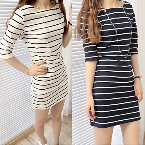 MIOIM ミニドレス レディース 横縞 Aライン ワンピース 通勤 登校 お出かけ お呼ばれ ショート フェミニン スリム ラウンドネック