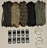 550 Paracord Kit - Five Colors (Olive Drab, ACU, Woodland Camo, Desert Camo, & Black) 100 Feet Total w/10 3/8" Black Side Release Buckles & (5) 32mm Key Rings