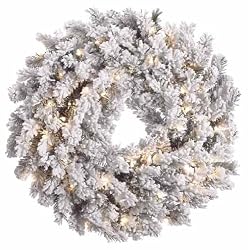 30" Pre-Lit Blackmore Snow Pine Flocked Artificial Christmas Wreath Clear Lights