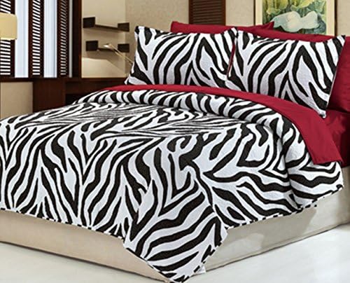 Luxury 100% Cotton Black and White Zebra Animal Print 3PC Bedspread+ 4PC Burgundy Sheet Set Queen Size with Everything Bed in a Bag