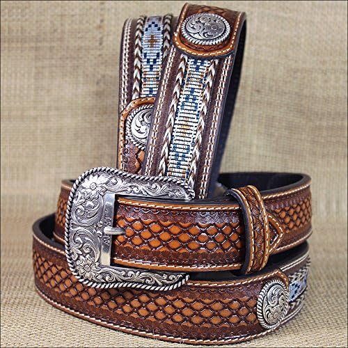 32-46 INCH WESTERN ARIAT LEATHER MENS BELT BASKETWEAVE FLORAL CONCHOS BROWN