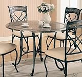 Dining Table Travertine and Marble Style Top Black Metal Base