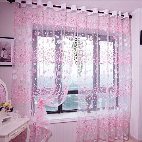 100x200cm Flower Print Tulle Window Curtain Balcony Bedroom Curtain-Pink