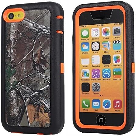 For Iphone 5c Case,Fivers(TM) Heavy Duty Case 3 in 1 Three Advantages Waterproof Dustproof Shakeproof with Forest Camouflage Desig Cell Phone Cases for Iphone 5c (Leaf- Orange)