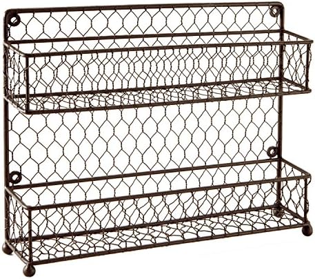 Wire Spice Rack, 2 Tier, Rustic Brown Dual Tier Wire Spice Rack Jars Storage Organizer (Kitchen Countertop or Wall Mount)