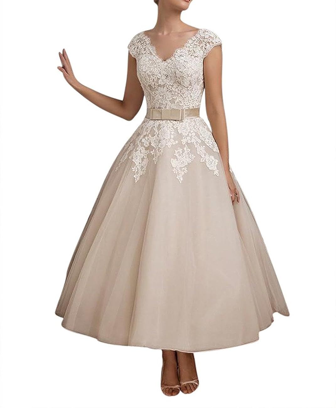 FNKS Women's 1950s Vintage Tea Length Wedding Dresses Lace Prom Dress