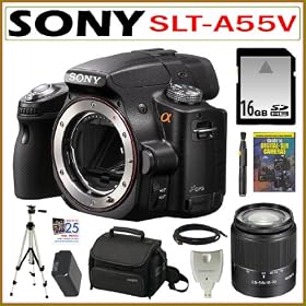 Sony Alpha SLT-A55V 16.2MP DSLR with Translucent Mirror Technology and 3D Sweep Panorama (Body Only) + Sony DT 18-70mm f/3.5-5.6 Aspherical ED Standard Zoom Lens + 16GB SDHC Memory Card + Replacement NP-FW50 Battery + HDMI-miniHDMI Cable + Sony Camera Case + Jumpstart DVD: Camera &amp; Photo