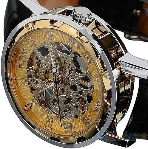 GRHOSE Classic Men's Black Leather band Skeleton Mechanical Sports Army Wrist Watch cool ( Pls wind watch when received) Black