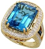 14k Gold Ring, w/ 1.24 Carats Brilliant Cut Diamonds & 9.18 Total Carat Emerald Cut (16x12mm) Blue Topaz & Blue Sapphire Stones, 15/16 in. (24mm) wide