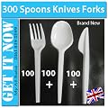 300 x Spoons + Forks + Knives Cutlery Disposable White Plastic Party Wedding