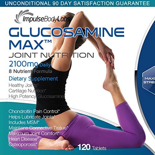Advanced Joint Support Formula. Eight Critical Nutrients. High Potency Glucosamine, Chondroitin, MSM. Flexibility, Joint Comfort. Glucosamine Max. 120 Tablets. USA.