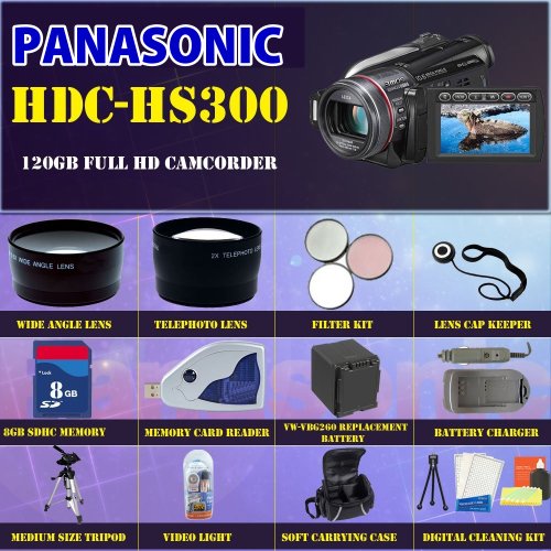 Panasonic HDC-HS300 120GB Full HD Camcorder + Huge 8GB, Lens & Tripod Deluxe Accessory Package