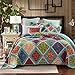 DaDa Bedding Cotton Patchwork Quilt - Fairy Forest Glade Floral Print Bedspread Set, Turquoise Real Patchwork, King, 3-Pieces