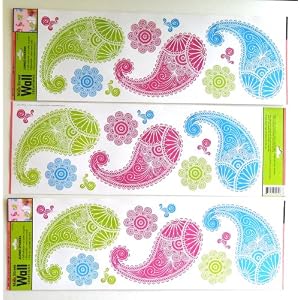 Wall Stickers for Kids or Adults Art Applique Set of 3 Colorful Paisley Designs