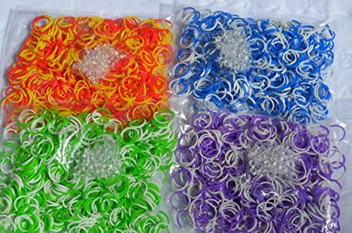 2400 pc Rainbow Tie Dye Rubber Bands - Loom Band Refill Set - 4 Colors with 100 Clips - Make Rubber Band Bracelets - Fully Compatible with All Rubber Band Looms - 600 Each of 4 Different Colors - Red+Yellow, White+Blue, White+Green, White+Purple - 100% Quality Guarantee