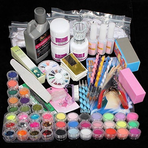 GAGEEK 42 Acrylic Powder Liquid Brush Glitter Clipper Primer File Nail Art Tips Set Kit