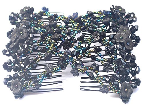 Casualfashion Magic Vintage Morning Glory Crystal Beaded EZ Stretchy Double Clips Hair Comb Hair Accessories (Color Black)