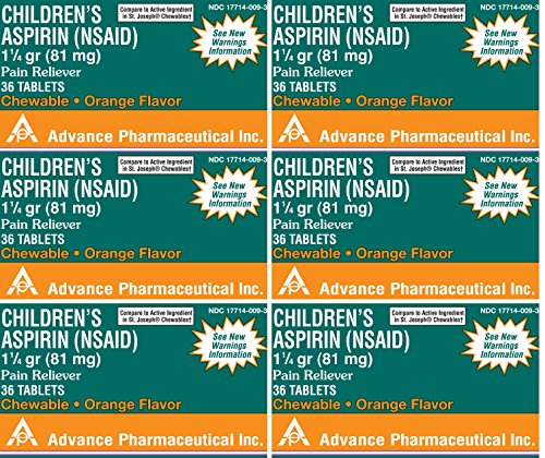 Aspirin 81mg Chewable Orange Flavored Tablets Generic for St. Joseph Chewable Aspirin 36 Tablets per Bottle Pack of 6 Toatal 216 Tablets