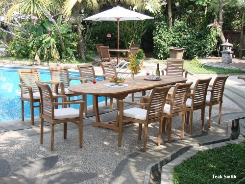New 11 Pc Teak Dining Set - 115 Oval Table And 10 Stacking Arm Chairs