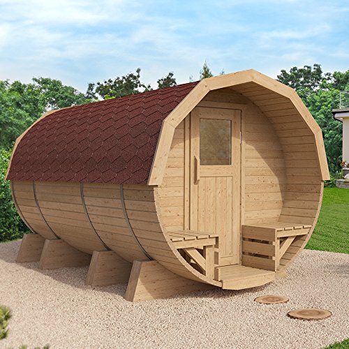 Fasssauna von ISIDOR,Gartensauna Maja Deluxe 4,10m, mit HARVIA BC80 und