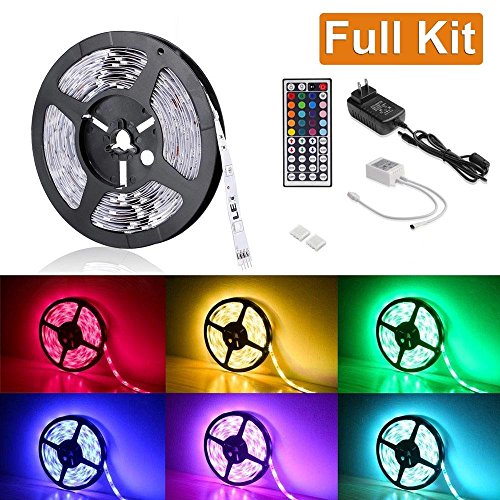 LE 12V 16.4ft/5m Flexible RGB LED Strip Light Kit, Multi-colored, 150 Units 5050 LEDs, LED Strip Kit with 44-key IR Controller + 12V 2A Power Supply, Non-waterproof, Adhesive Light Strips