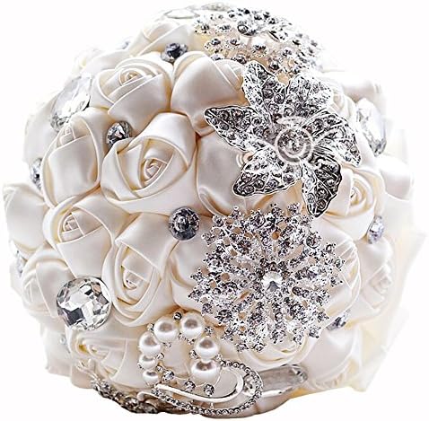 Rinzony Handmade Rose Satin Flower Pearl Brooch and Rhinestones Bridal Bouquet Wedding Party (Ivory)