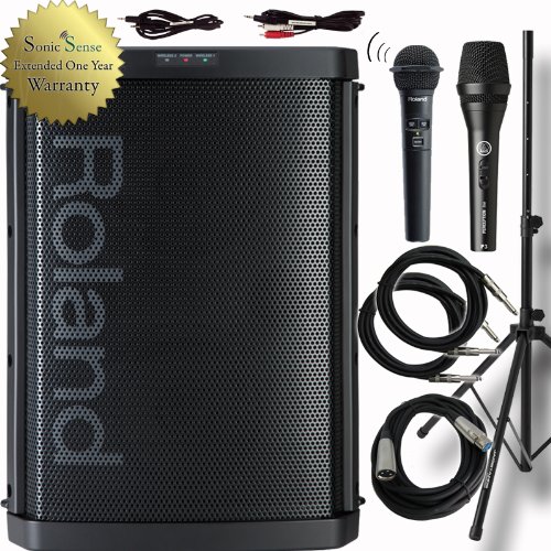 Roland BA-55 Battery Powered Portable Stereo PA System Mixer-Amplifier Package with Stand and Cables