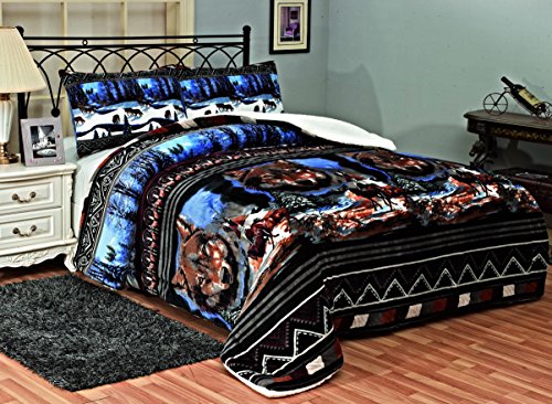Fancy Collection 3pc Queen/king Size Blanket Sumptuously Soft Plush Wolf Horse Indian Blue Black with Sherpa Winter Blankets Bedspread Super Soft New 0024