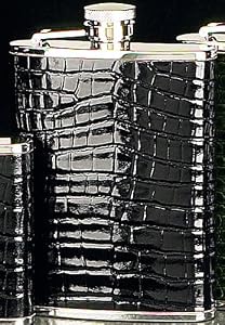 Stainless Steel Chrome / Black "Croco" Leather Flask, 6 oz., T.P.