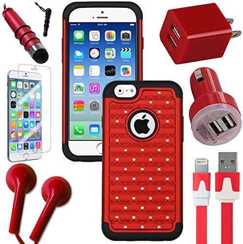 Celkits 7 Piece Accessory Bundle for Apple iPhone 6 Kit Includes: Red Dual Layer Diamond Studs Hybrid Case, USB Car Charger Plug, USB Home Charger Plug, USB 2.0 Data Cable, Metallic Stylus Pen, Stereo Headset & Screen Protector (7 Items) Retail Value: $89.95