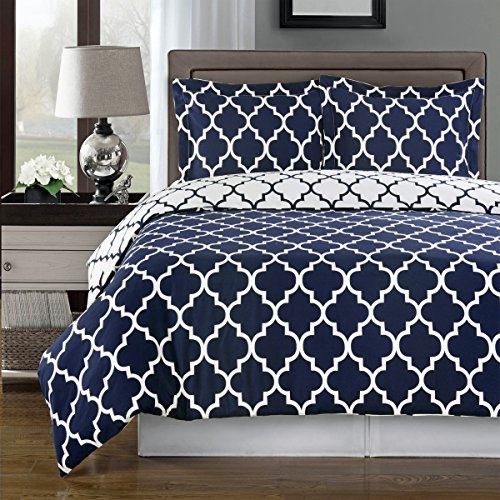 sheetsnthingsMeridian 250-Thread-Count, 100-Percent Cotton Full-Queen Reversible 3PC Duvet Cover Set, Navy and White