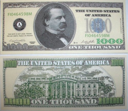 Set of 10 Bills-One Thousand Dollar Bill-Novelty Money Set of 10 Bills-One Thousand Dollar Bill-Novelty Money