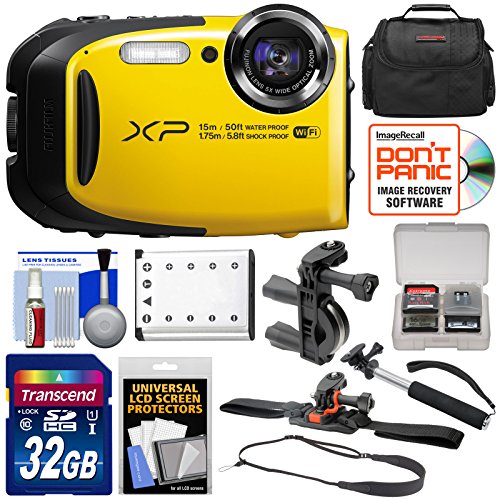 Fujifilm FinePix XP80 Shock & Waterproof Wi-Fi Digital Camera (Yellow) with 32GB Card + Handlebar & Helmet Mounts + Battery + Case + Selfie Stick + Strap Kit