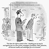 'You have the right to remain silent.' Cartoon print by Arnie Levin, Published in The New Yorker on 4/12/1999