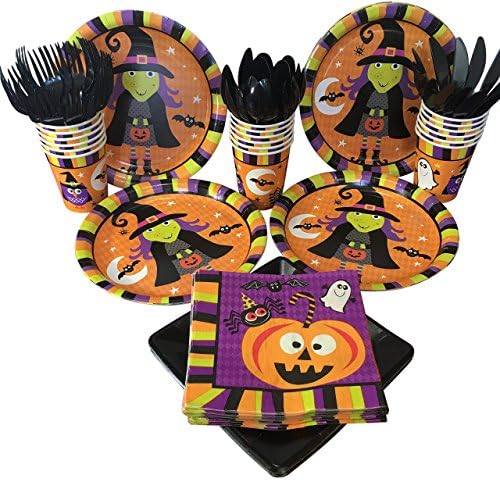 Halloween Theme Party Supplies-Bring Halloween Stories to your Party with Table Decorations-Table Cover, Plates, Cups, Napkins, Plastic Cutlery with Witch, Pumpkins, Bats, Ghosts, and Spiders images