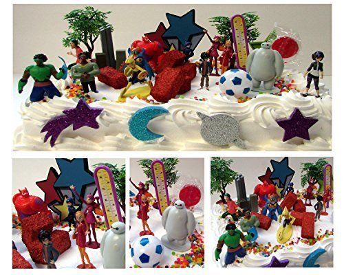Big Hero 6 Birthday Cake Topper 26 Piece Set Featuring Hiro Hamada, Baymax, Go Go Tomago, Honey Lemon, Wasabi and Fred, Big Hero 6 Super Hero Characters and Other Decorative Themed Accessories - Cake Topper Set Includes All Items Pictured
