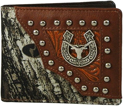 Mossy Oak Camo Wallet Mens Bifold with Longhorn and Horseshoe Brown Trim