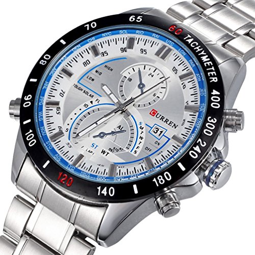 Voeons Mens Watches Luminous Hands Silver Band Blue Dial with Calendar