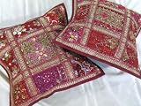 2 MAROON INDIAN SARI KUNDAN THROW PILLOWS CUSHIONS