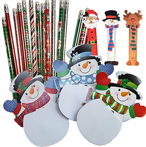 Holiday Party Favors - 24 Assorted Holiday Pencils, 24 Snowman Notepads, and 24 Christmas Bookmarks (Bundle of 3 Different Items), Total 72 pieces