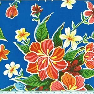 48-Wide-Oil-Cloth-Hibiscus-Blue-Fabric-By-The-Yard