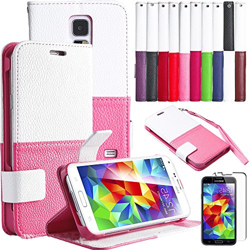 myLife Grapefruit Pink and White - Modern Design - Koskin Faux Leather (Card, Cash and ID Holder + Magnetic Detachable Closing + Hand Strap) Slim Wallet for NEW Galaxy S5 (5G) Smartphone by Samsung (External Rugged Synthetic Leather With Magnetic Clip + Internal Secure Snap In Hard Rubberized Bumper Holder)