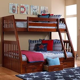 Merlot Twin Full Bunk with 3 Drawers, TV Stand, Desk Hutch and Chair by